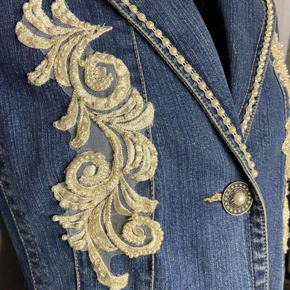 Upcycled Embellished Handstitched Bridal Vintage Lace Demin Jacket/Blazer S/M - Picture 7 of 14